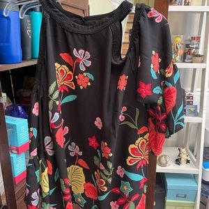 Black rayon, halter top with multi-colored flowers, flowy sleeves, size Medium
